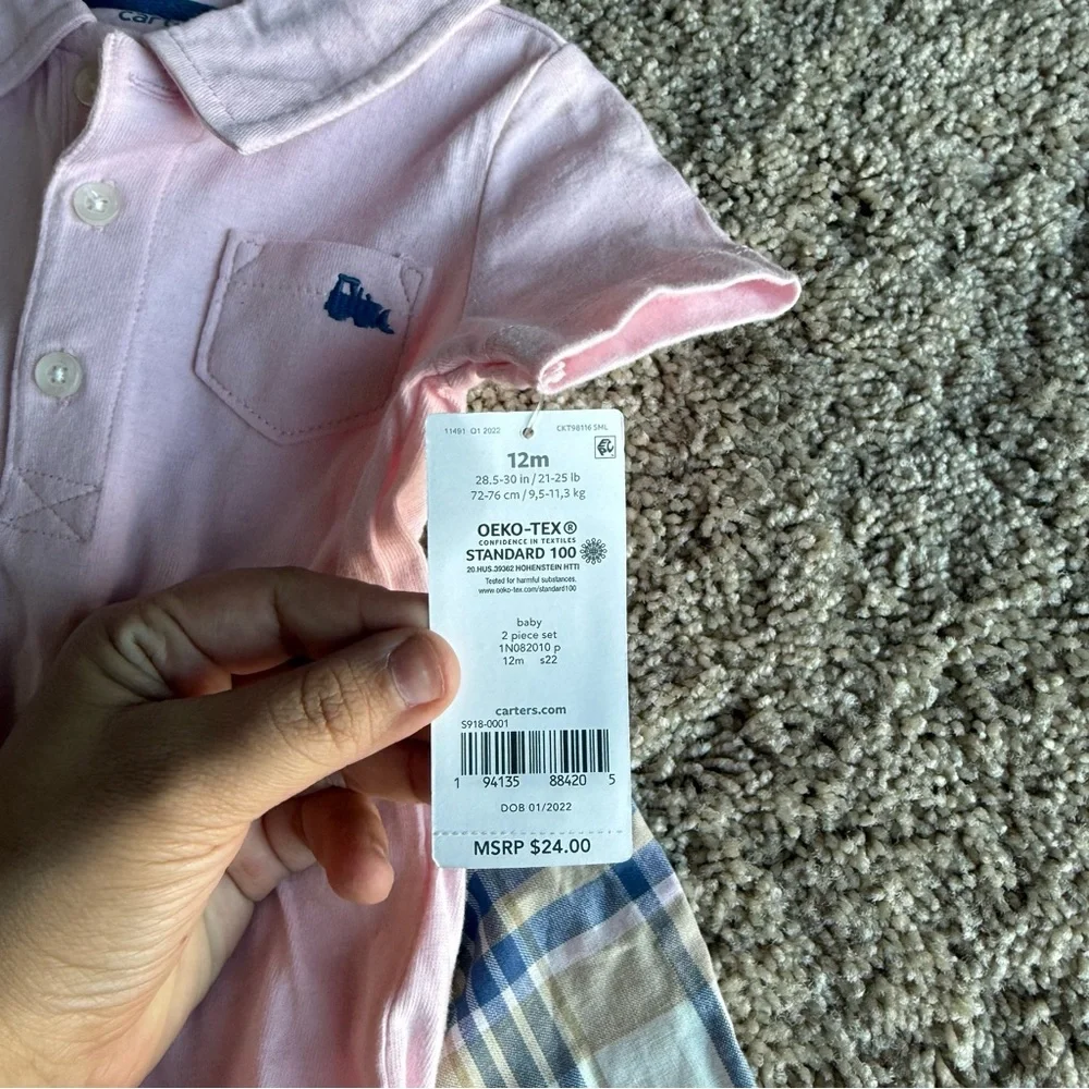NWT Carter's Baby Pink Polo Onesie with Plaid Shorts 2‎ piece set